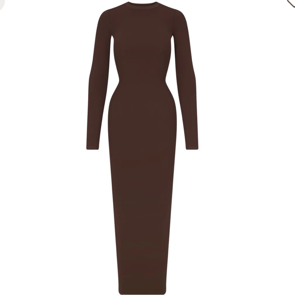 SKIMS Long Sleeve Bodycon Maxi Dress in Brown